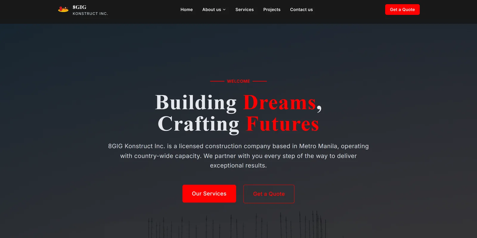 8GIG Konstruct company website with a dark hero reading Building Dreams, Crafting Futures