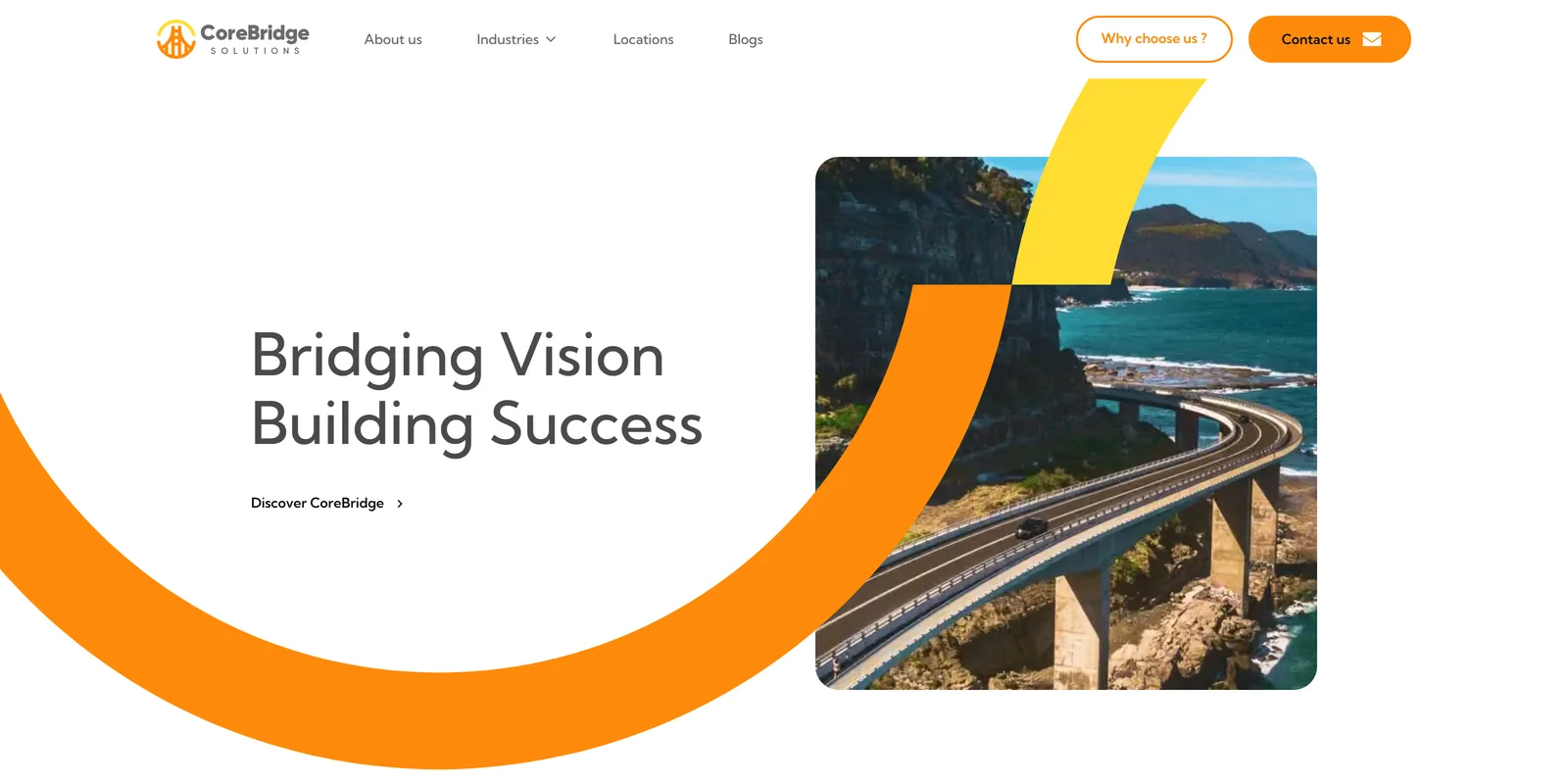 Core Bridge Solutions website with an orange bridge motif and coastal photography